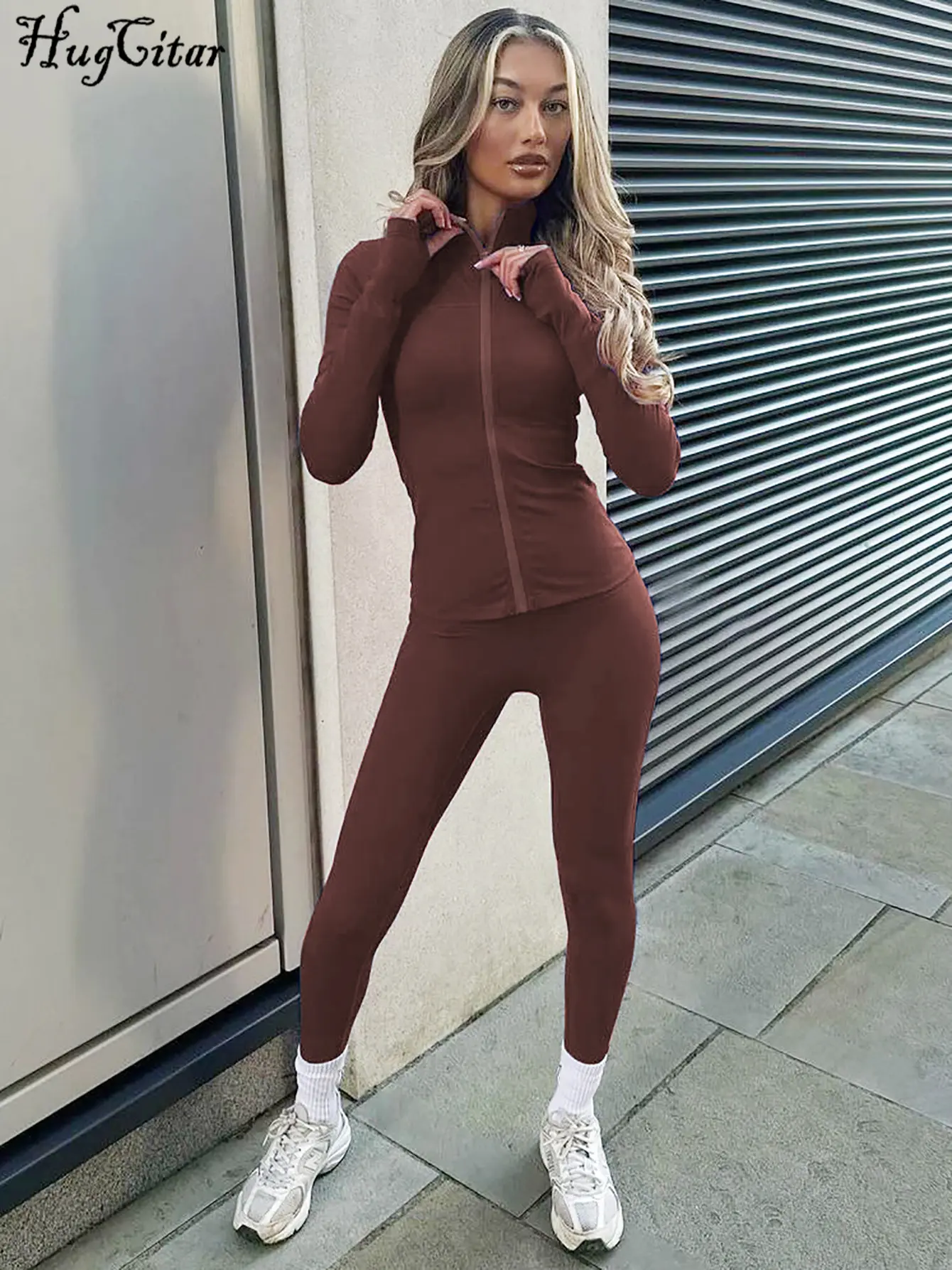 Hugcitar Casual 2 Pcs Matching Sets Solid Long Sleeve Zip Up Crop Top Pants Fall Women Y2K New Outfits Streetwear Sport Work Out