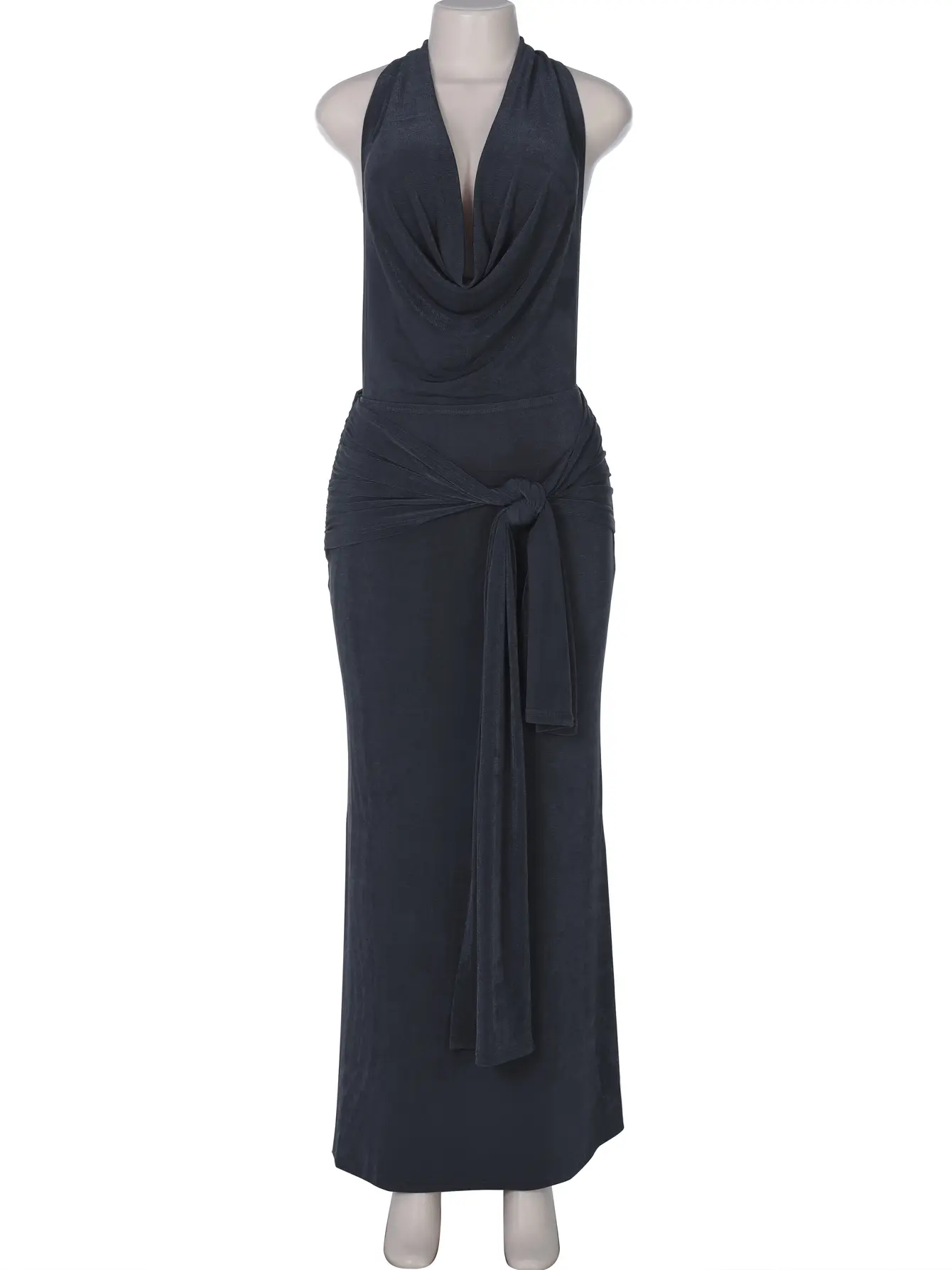 Hugcitar 2025 Solid Halter Swing Collar Backless Draped Bandage Sexy Slim Maxi Dress Women Elegant Y2K Clothes Birthday Party