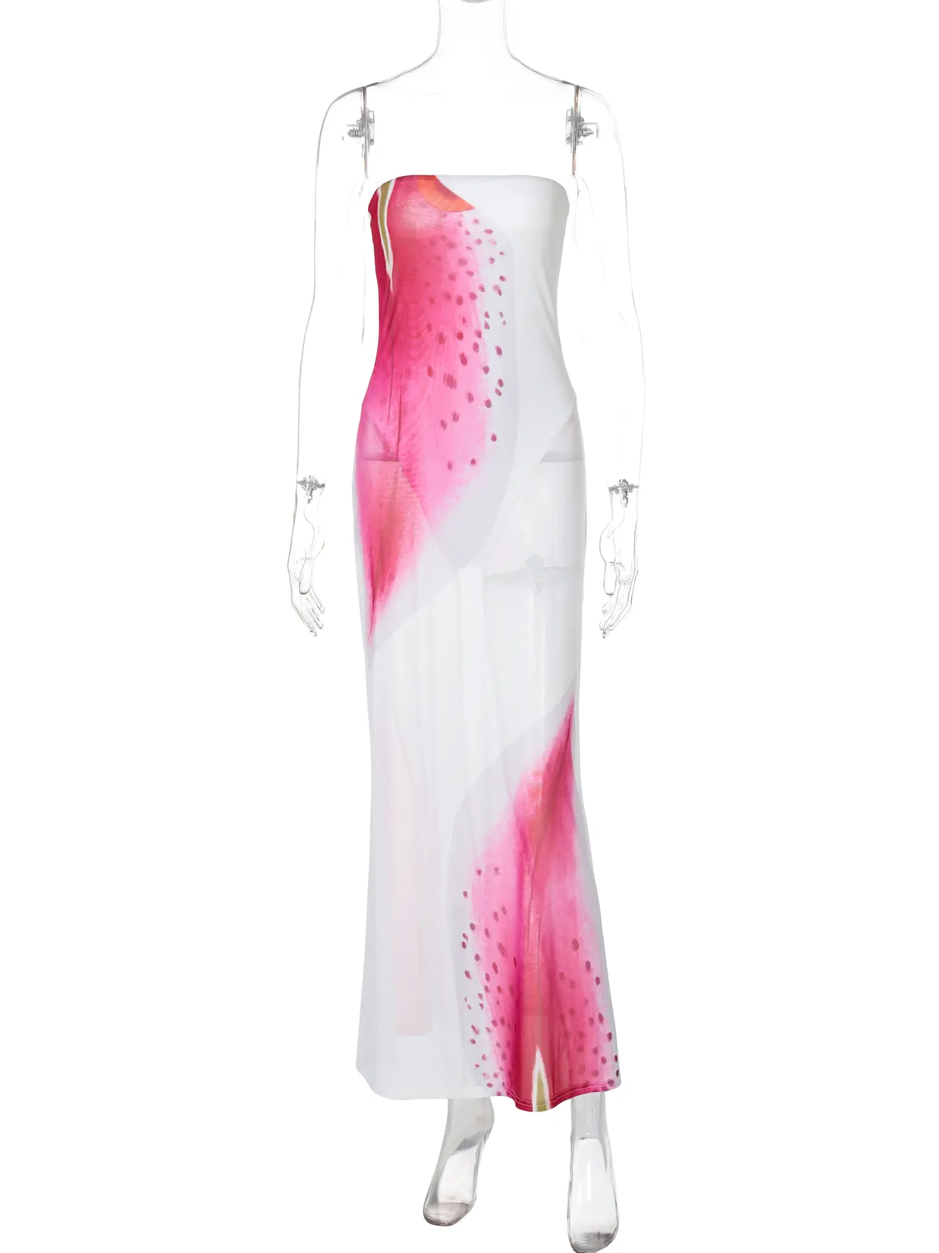 Hugcitar Women'S Fashion Print Sexy Strapless Patchwork Mesh Sheer Maxi Dress 2025 Summer Y2K Outfits Beach Festival Party Club