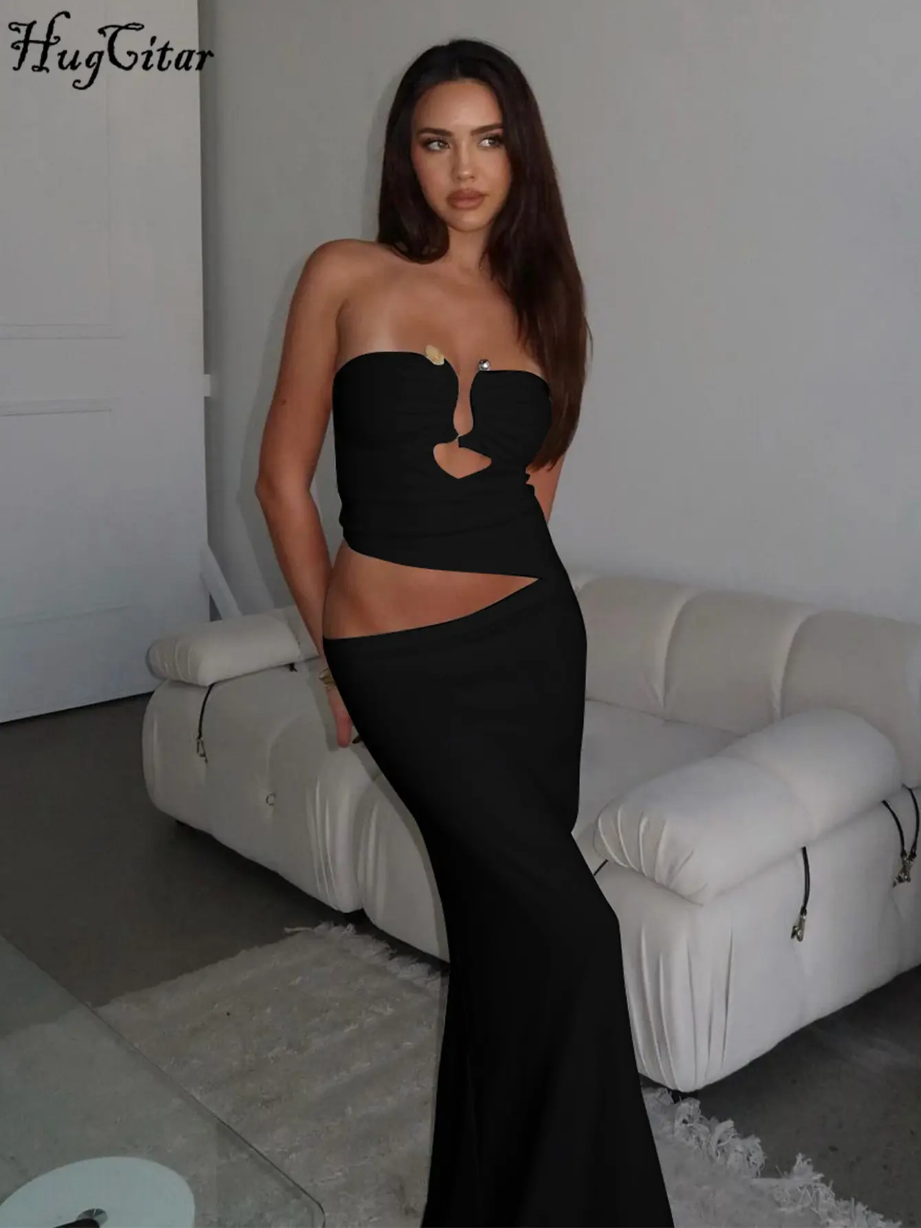 Hugcitar Elegant Ruched Strapless Sexy Hollow Out Sexy Slim Y2K Maxi Dress 2025 Summer Casual Women Outfits Beach Vacation Party