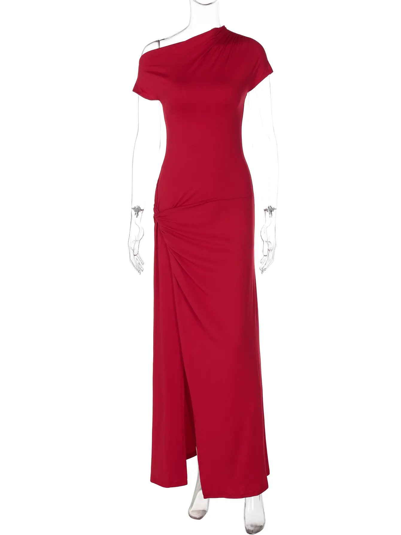 Hugcitar Fashion Skew Collar Solid Short Sleeve Ruched Slit Sexy Maxi Dress Slim Summer Women Clothes Streetwear Party Festival