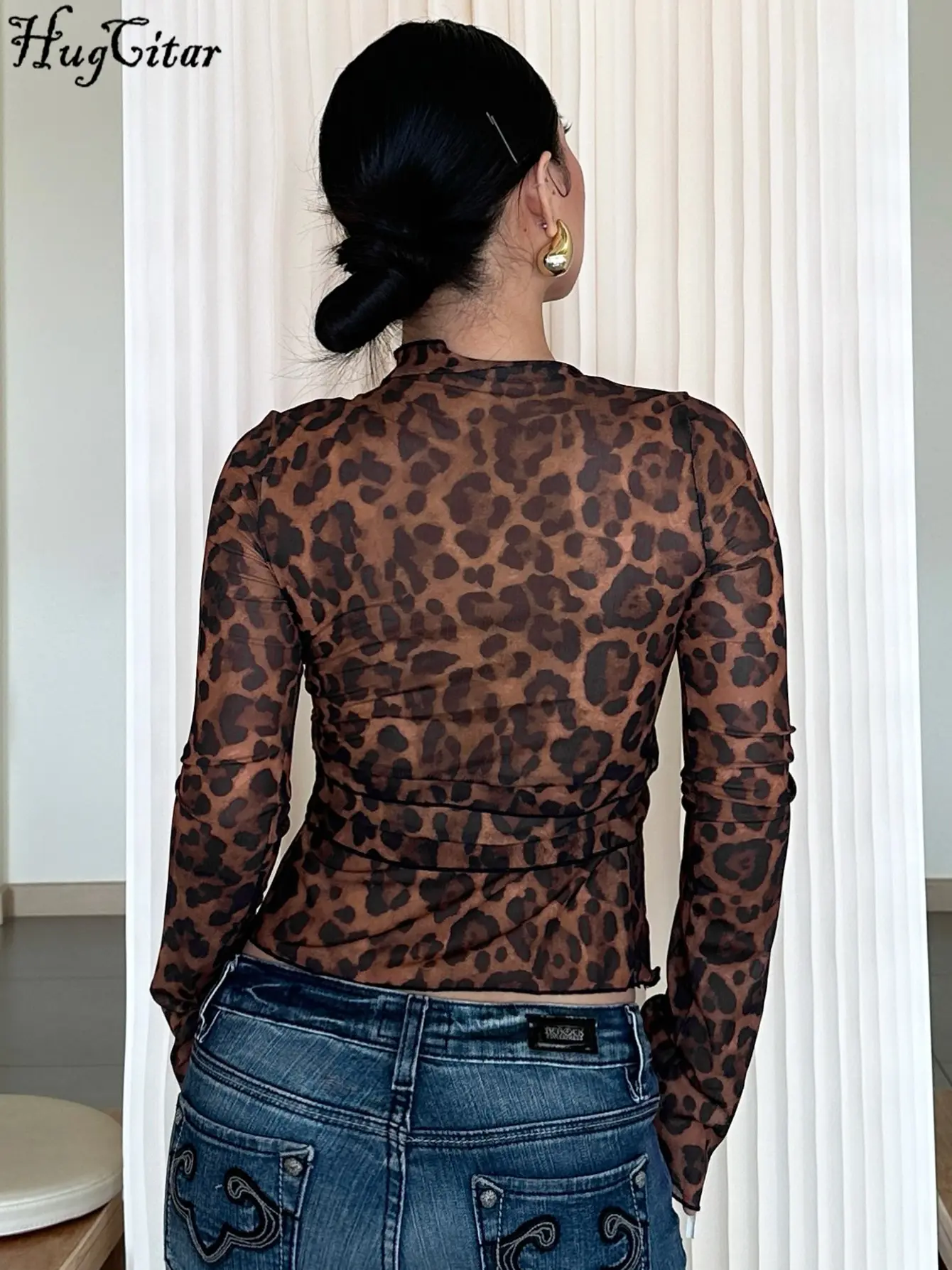 Hugcitar 2024 Mesh Leopard Print Long Sleeve  Sexy See Through Cardigan Lace Up Crop T-Shirt Summer Fashion Top Beach Vacation
