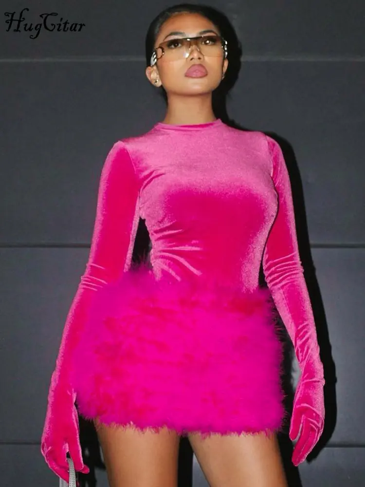 Hugcitar Velvet Long Sleeve Solid Gloves Sexy Bodysuit Furry Skirt 2 Piece Sets Fall Winter Women Elegant Outfit Party Birthday