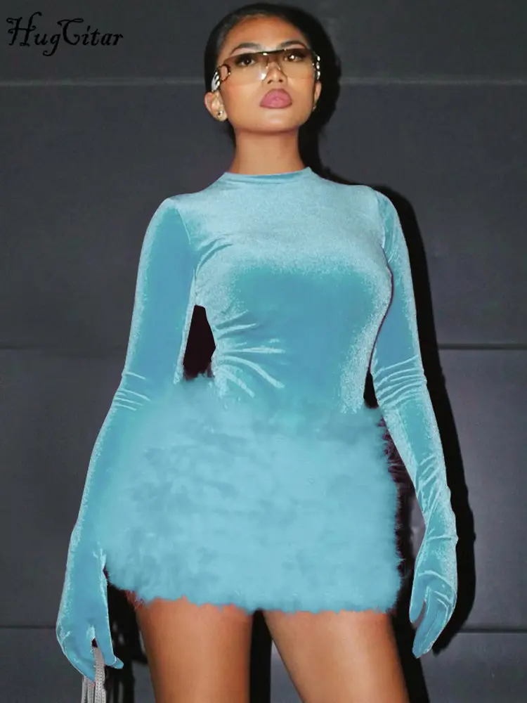 Hugcitar Velvet Long Sleeve Solid Gloves Sexy Bodysuit Furry Skirt 2 Piece Sets Fall Winter Women Elegant Outfit Party Birthday