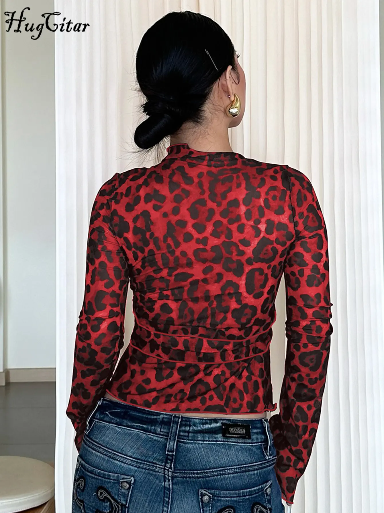 Hugcitar 2024 Mesh Leopard Print Long Sleeve  Sexy See Through Cardigan Lace Up Crop T-Shirt Summer Fashion Top Beach Vacation