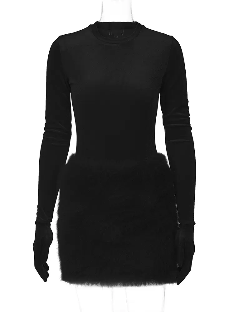 Hugcitar Velvet Long Sleeve Solid Gloves Sexy Bodysuit Furry Skirt 2 Piece Sets Fall Winter Women Elegant Outfit Party Birthday