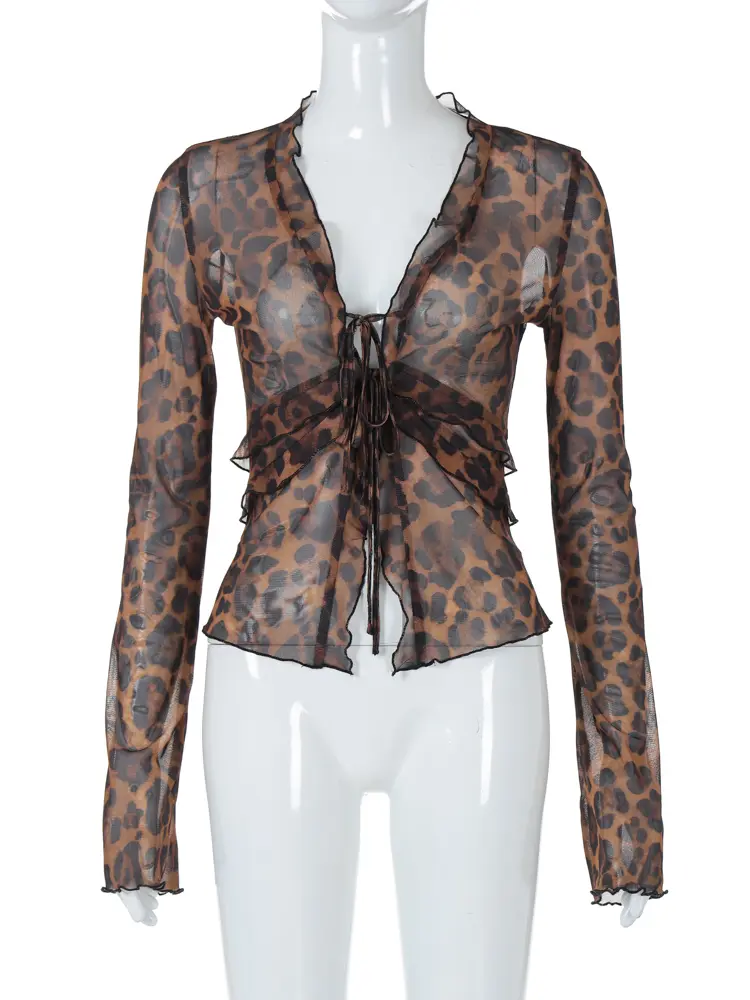 Hugcitar 2024 Mesh Leopard Print Long Sleeve  Sexy See Through Cardigan Lace Up Crop T-Shirt Summer Fashion Top Beach Vacation