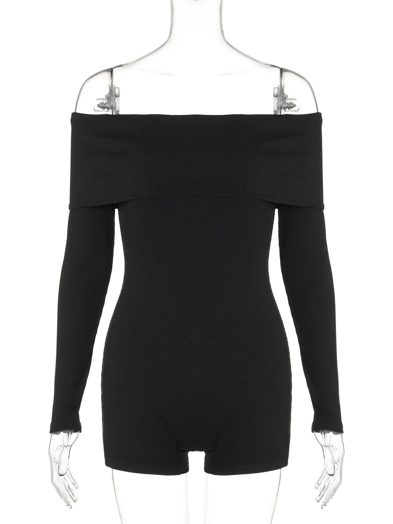 Hugcitar 2025 Spring Ribbed Black Long Sleeve Patchwork Sexy Bodycon Playsuit Female Fashion Romper Streetwear Work Out Overalls