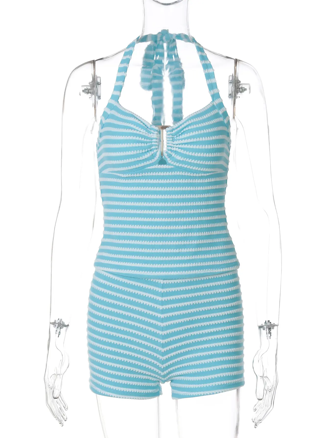 Hugcitar Fashion 2 Pcs Matching Sets Striped Print Halter Ruched Sexy Crop Camis Top Shorts Summer Beach Vacation Outfits Party