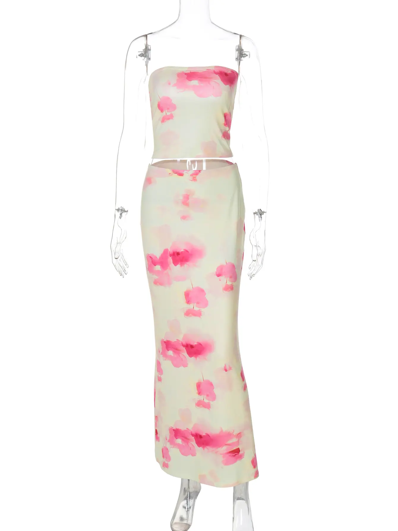 Hugcitar Fashion 2 Piece Sets Print Strapless Sexy Crop Tank Top Maxi Skirt 2025 Summer Women Clothes Festival Birthday Party