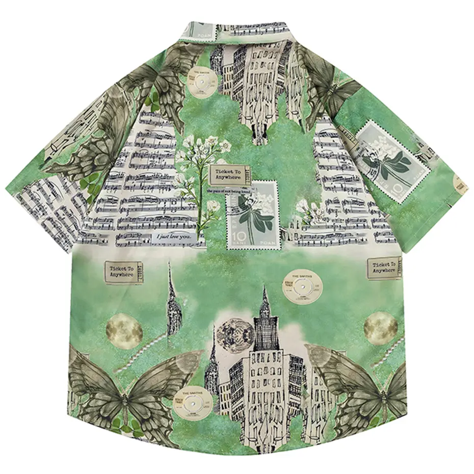 2025 Men's Japanese Harajuku Shirts Butterfly Flower Printed Loose Short Sleeve Shirts Tops Man Button Up Blouse