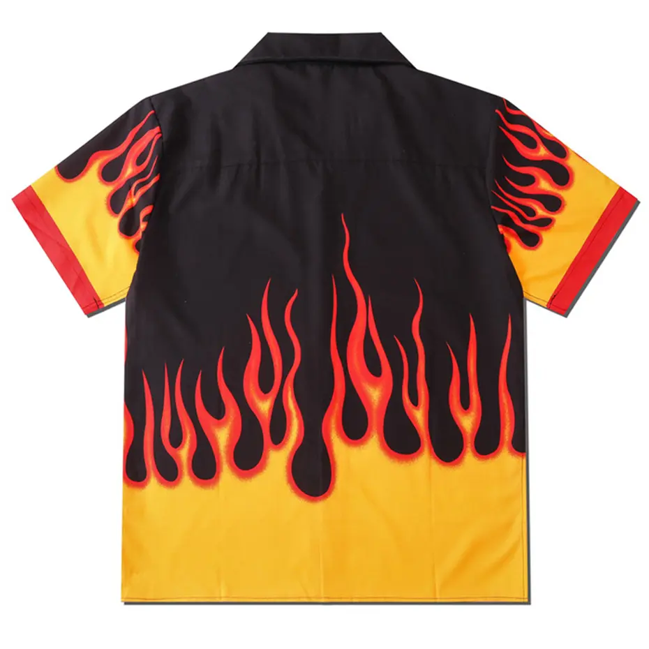 Fire Graphic Shirts Streetwear Harajuku Hip Hop Oversized Shirts Summer Casual Loose Shirts Short Sleeve Button Up Blouse