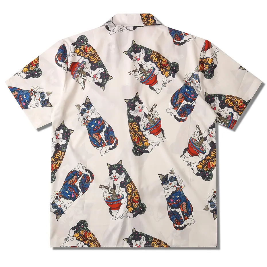 Japanese Harajuku Shirts Funny Cats Printed Men Shirts 2024 Summer Loose Short Sleeve Button Up Blouse Hip Hop Y2K Shirts Man