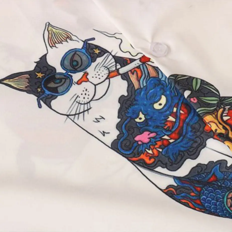 Japanese Harajuku Shirts Funny Cats Printed Men Shirts 2024 Summer Loose Short Sleeve Button Up Blouse Hip Hop Y2K Shirts Man