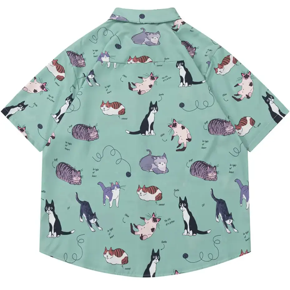 Harajuku Hawaiian Shirt Funny Cute Cat Kitten Graphic Print Summer Beach Shirts Hip Hop Fashion Loose Short Sleeve Button Blouse