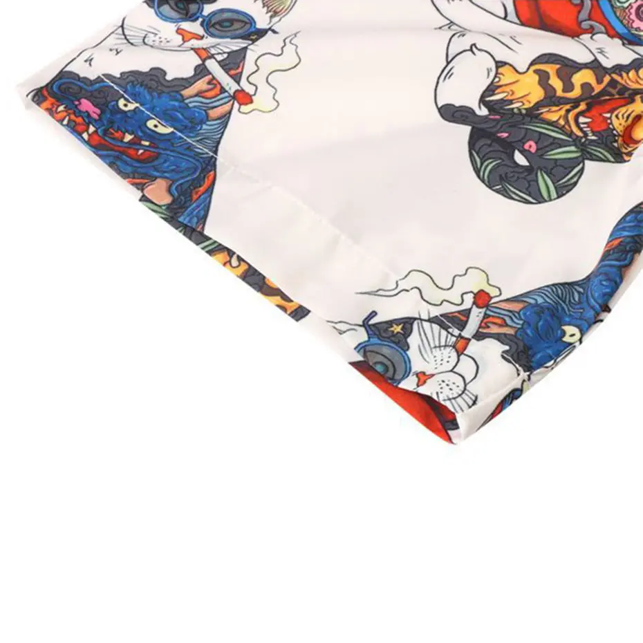 Japanese Harajuku Shirts Funny Cats Printed Men Shirts 2024 Summer Loose Short Sleeve Button Up Blouse Hip Hop Y2K Shirts Man