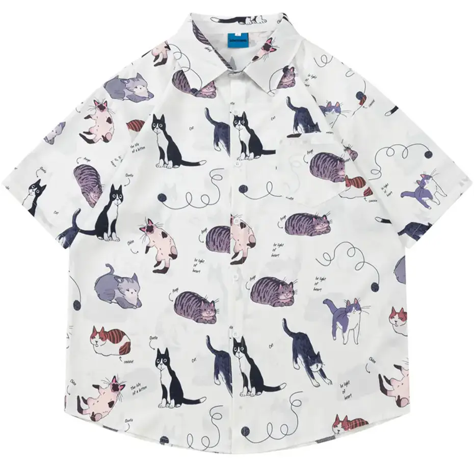 Harajuku Hawaiian Shirt Funny Cute Cat Kitten Graphic Print Summer Beach Shirts Hip Hop Fashion Loose Short Sleeve Button Blouse
