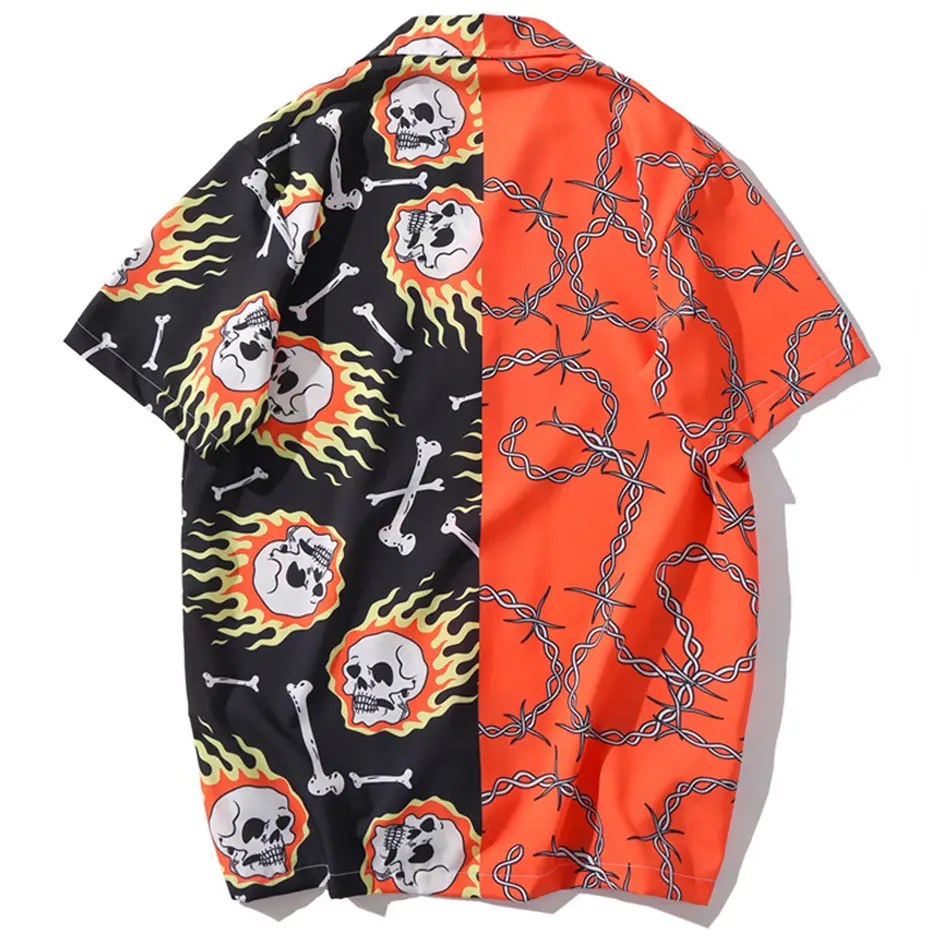 Skulls Graphic Shirts Men Streetwear Harajuku Hip Hop Shirts Summer Short Sleeve Button Up Blouse