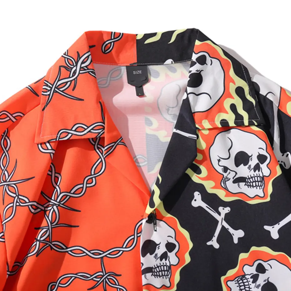 Skulls Graphic Shirts Men Streetwear Harajuku Hip Hop Shirts Summer Short Sleeve Button Up Blouse