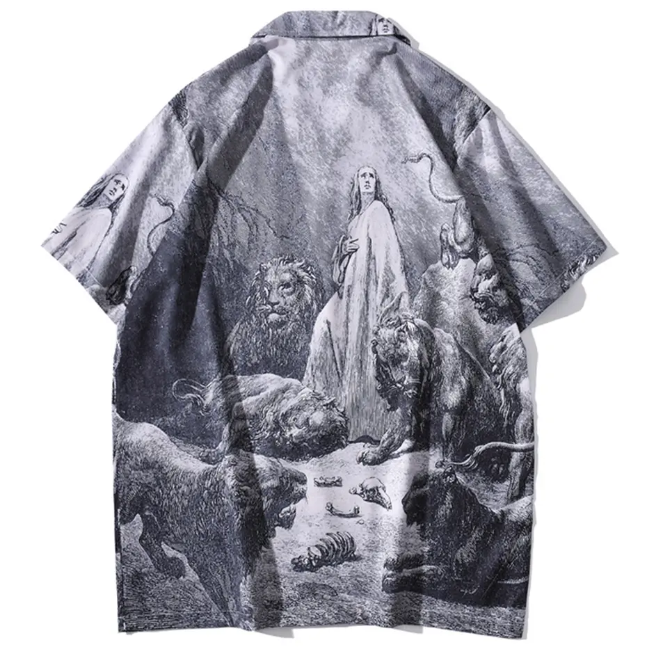 Vintage Graphic Shirts Men Summer Casual Loose Short Sleeve Shirts Button Up Blouse Streetwear Harajuku Hip Hop Shirts