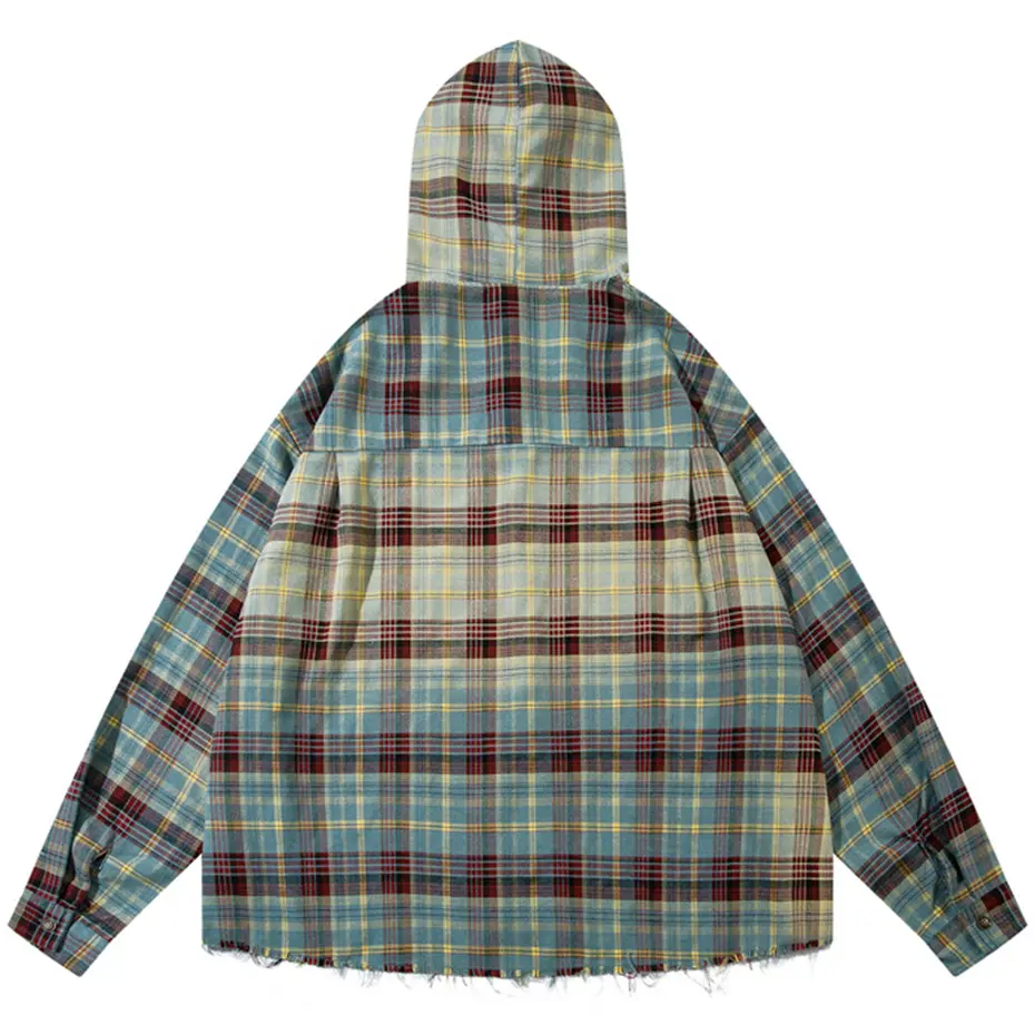 Hi Street Hooded Shirts Vintage Oversizd Plaid Shirts Button Up Blouse Streetwear Harajuku Hip Hop Shirts