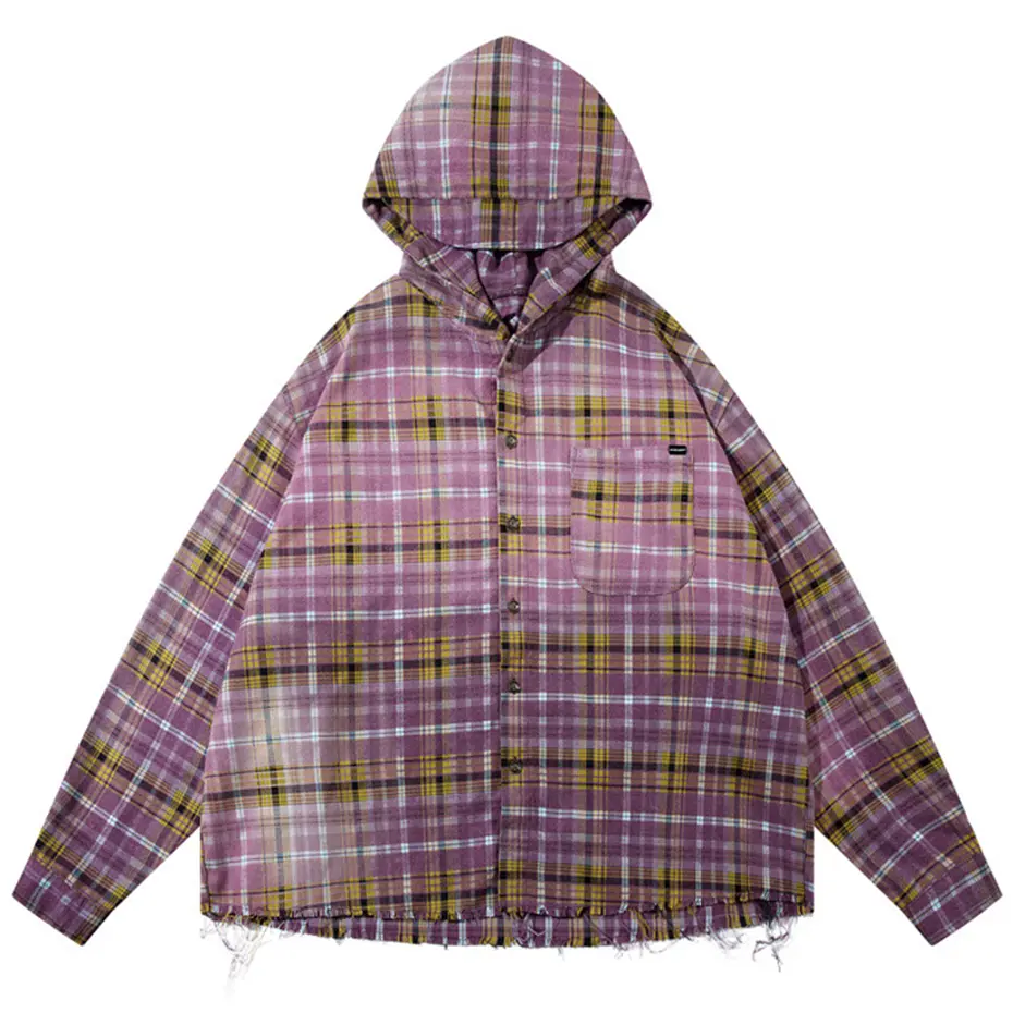 Hi Street Hooded Shirts Vintage Oversizd Plaid Shirts Button Up Blouse Streetwear Harajuku Hip Hop Shirts