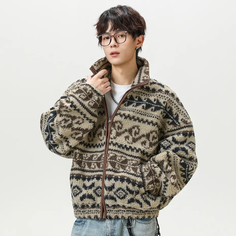 Streetwear Vintage Fleece Jackets National Sytle Oversized Fluffy Fuzzy Jackets Zipper Coats Harajuku Hip Hop Men Jackets