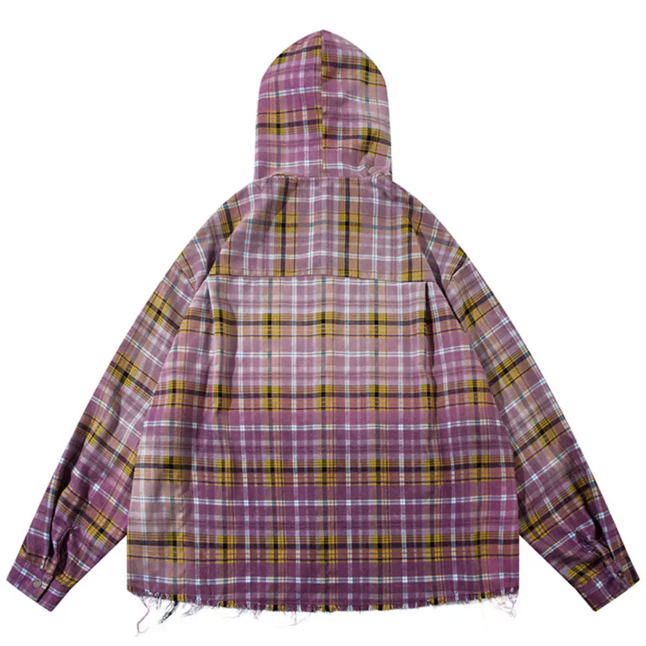 Hi Street Hooded Shirts Vintage Oversizd Plaid Shirts Button Up Blouse Streetwear Harajuku Hip Hop Shirts