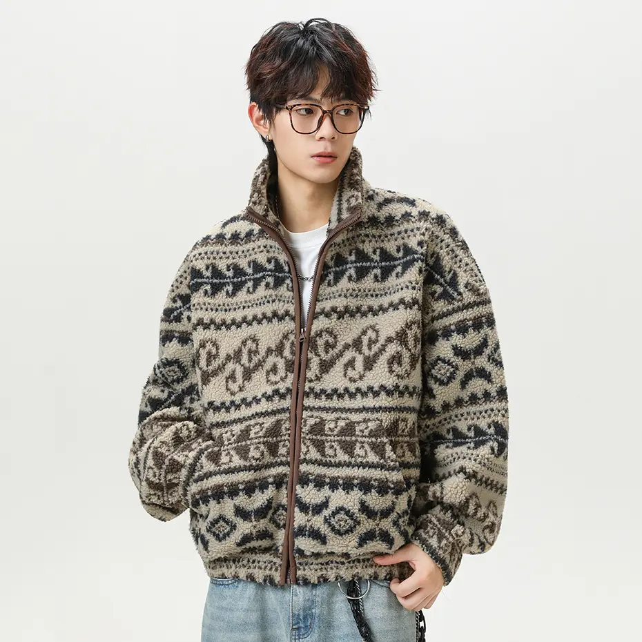 Streetwear Vintage Fleece Jackets National Sytle Oversized Fluffy Fuzzy Jackets Zipper Coats Harajuku Hip Hop Men Jackets