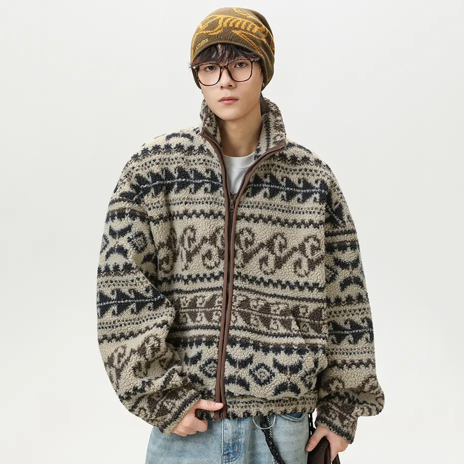Streetwear Vintage Fleece Jackets National Sytle Oversized Fluffy Fuzzy Jackets Zipper Coats Harajuku Hip Hop Men Jackets