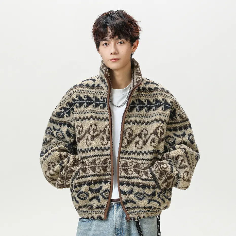 Streetwear Vintage Fleece Jackets National Sytle Oversized Fluffy Fuzzy Jackets Zipper Coats Harajuku Hip Hop Men Jackets