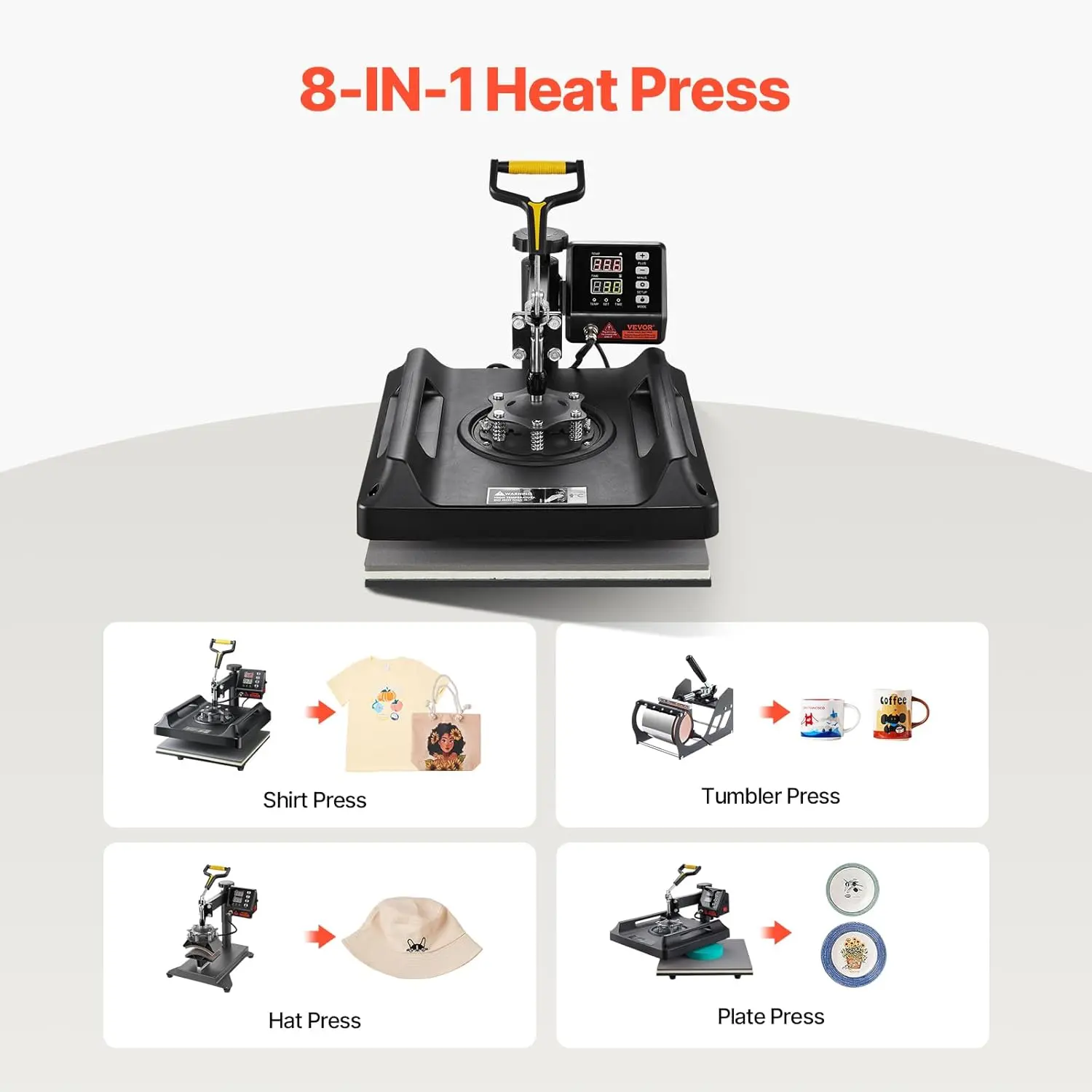 Heat Press Machine 8 in 1 Combo 15x15 Inch, 360° Swing Away Digital Tshirt Press Machine, Clamshell Sublimation Heat Press