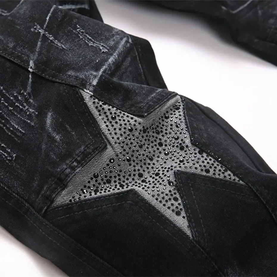 Diamond Star Patchwork Jeans Men Fashion Black Straight Slim Denim Pants Rhinestone Splicing Jeans Trousers for Male