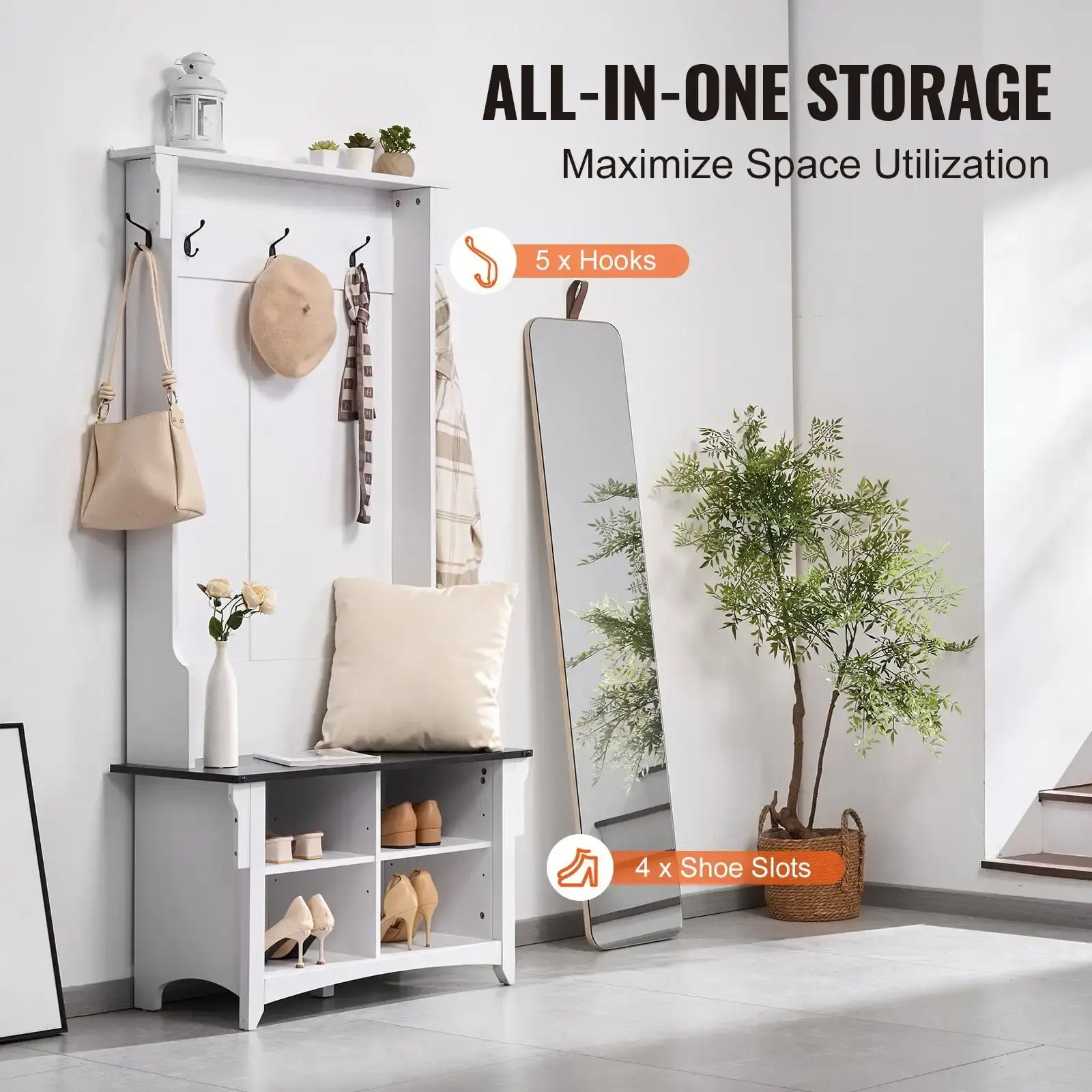 Wooden Hall Tree with Bench 5 Hooks for Entryway & Hallway
