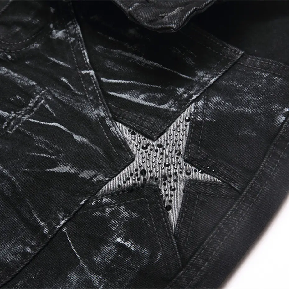 Diamond Star Patchwork Jeans Men Fashion Black Straight Slim Denim Pants Rhinestone Splicing Jeans Trousers for Male
