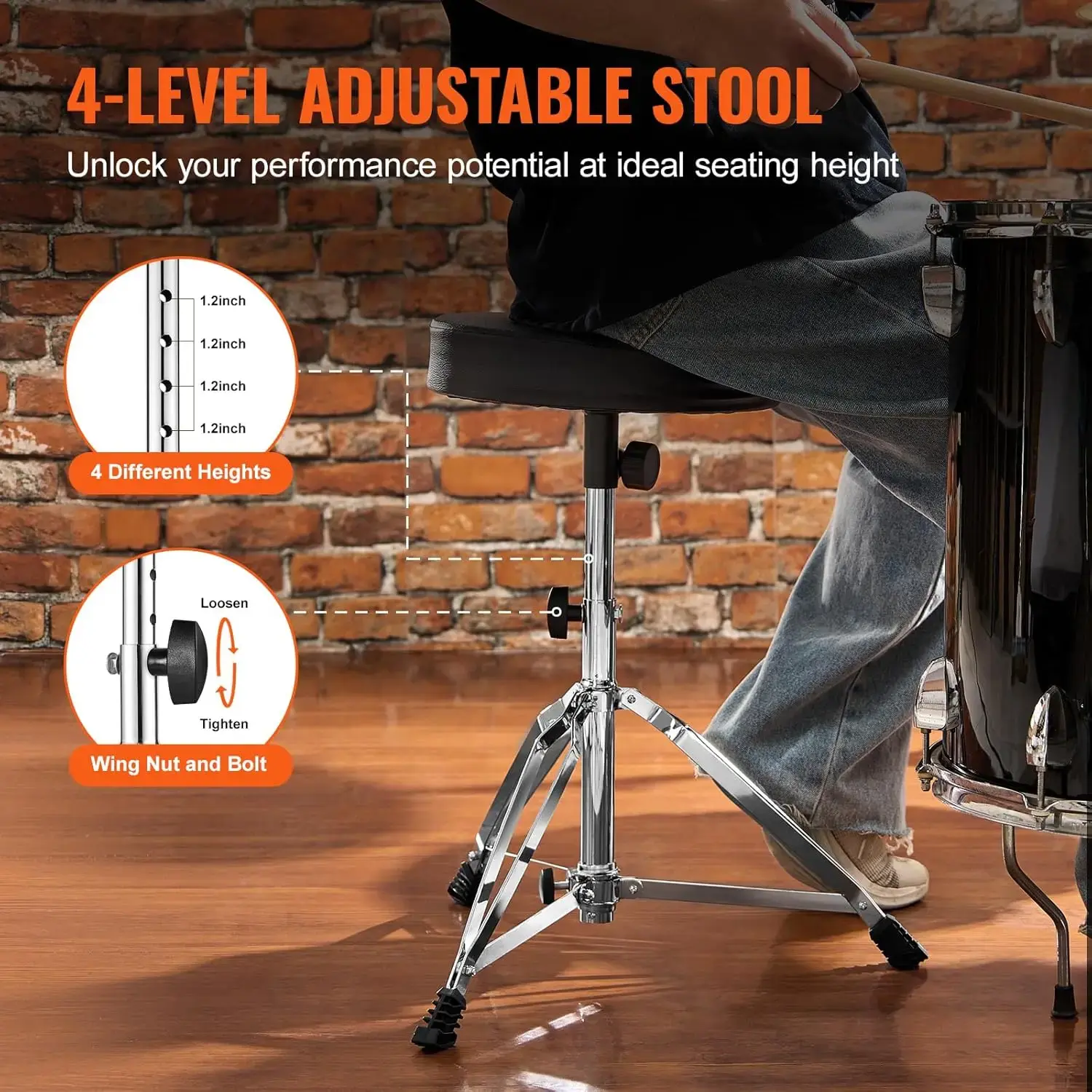 Drum Throne, 19.3 to 23 in / 490-585 mm Height Adjustable, Padded Drum Stool Seat with Anti-Slip Feet 5A Drumsticks 330 lbs