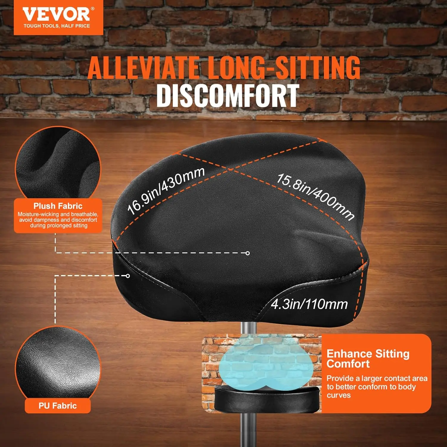 Hydraulic Saddle Drum Throne, 19.3-25.2 in / 490-640 mm Height Adjustable, Padded Drum Stool Seat with Anti-Slip Feet