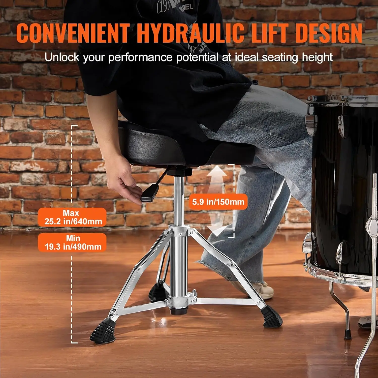Hydraulic Saddle Drum Throne, 19.3-25.2 in / 490-640 mm Height Adjustable, Padded Drum Stool Seat with Anti-Slip Feet