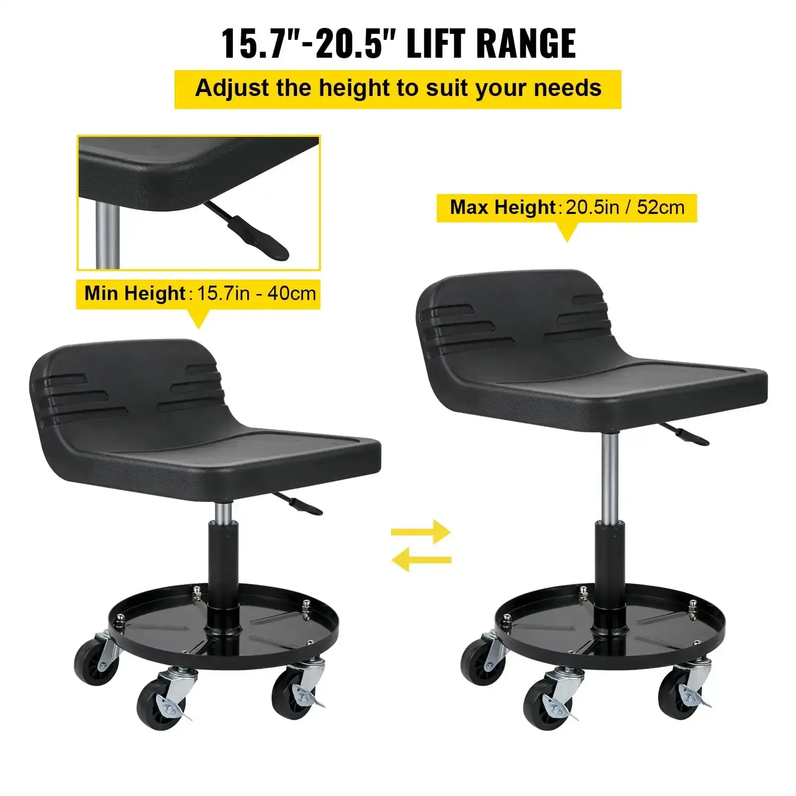 Rolling Garage Stool, 300lbs Capacity, Adjustable Height from 15.7 in to 20.5 in, Mechanic Seat with 360-Degree Swivel Wheels