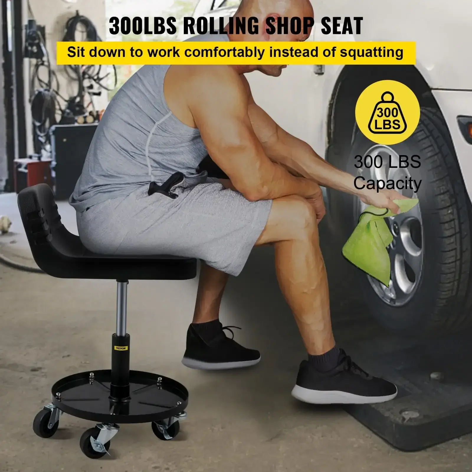 Rolling Garage Stool, 300lbs Capacity, Adjustable Height from 15.7 in to 20.5 in, Mechanic Seat with 360-Degree Swivel Wheels