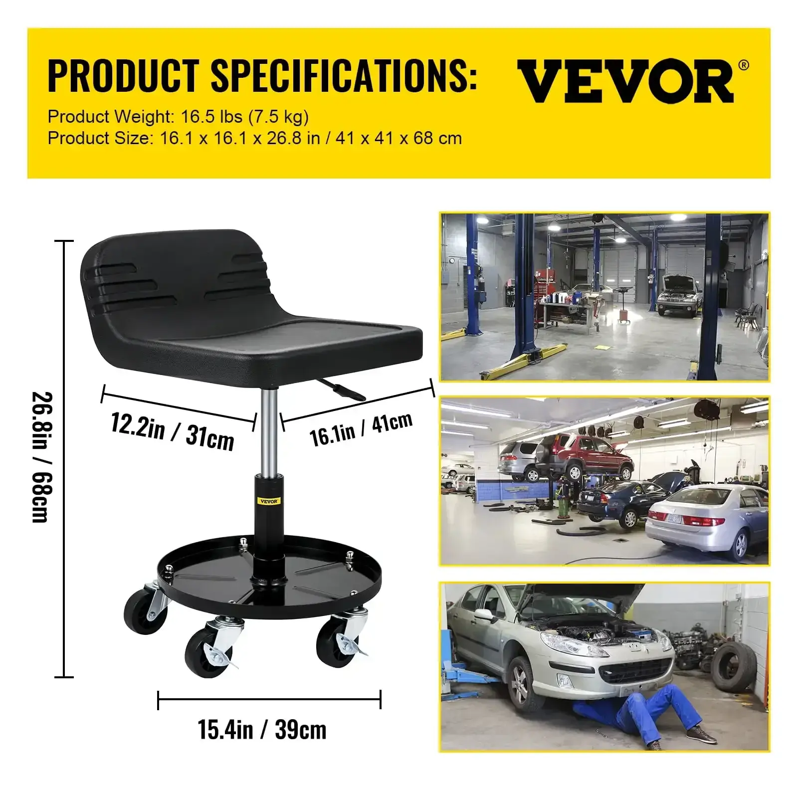 Rolling Garage Stool, 300lbs Capacity, Adjustable Height from 15.7 in to 20.5 in, Mechanic Seat with 360-Degree Swivel Wheels