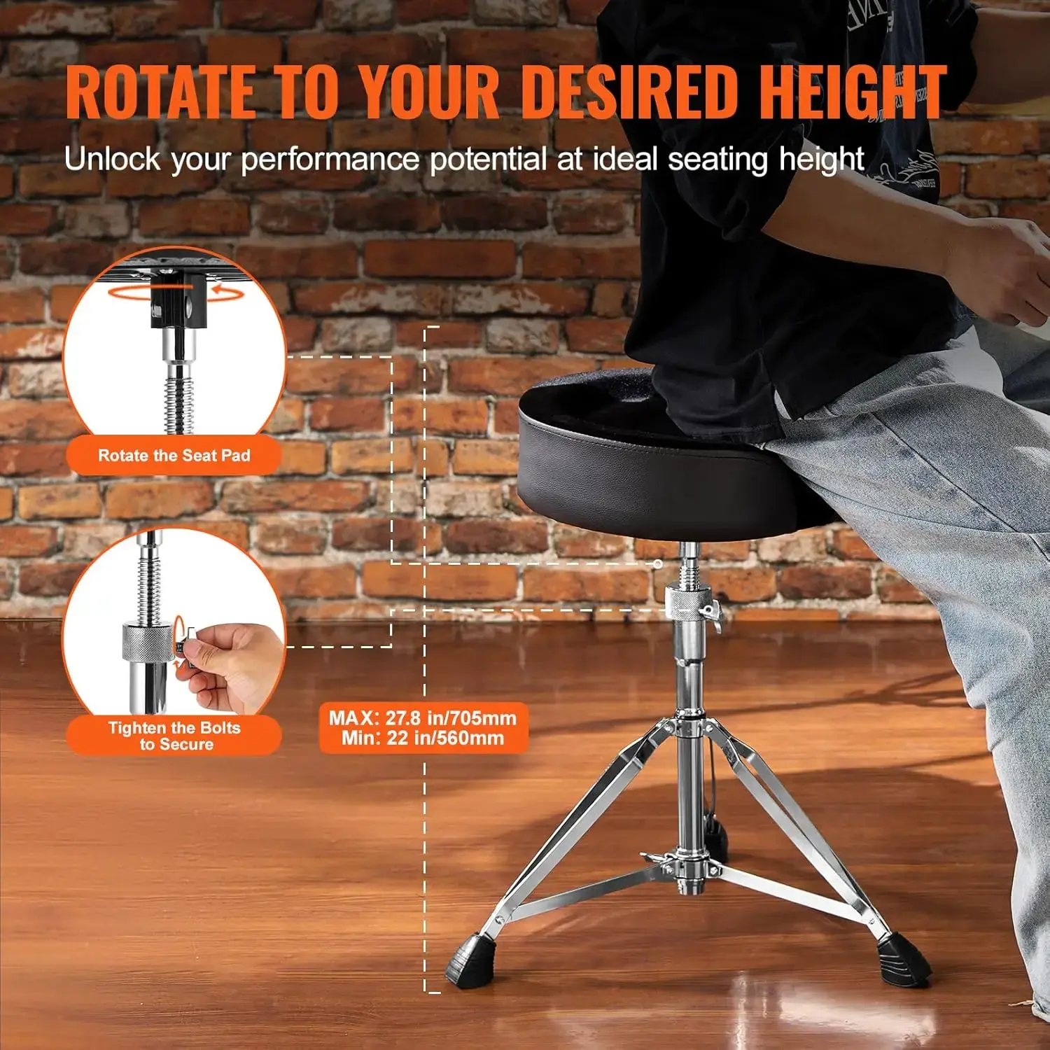 Saddle Drum Throne, 22-27.8 in / 560-705 mm Height Adjustable, Padded Drum Stool Seat with Anti-Slip