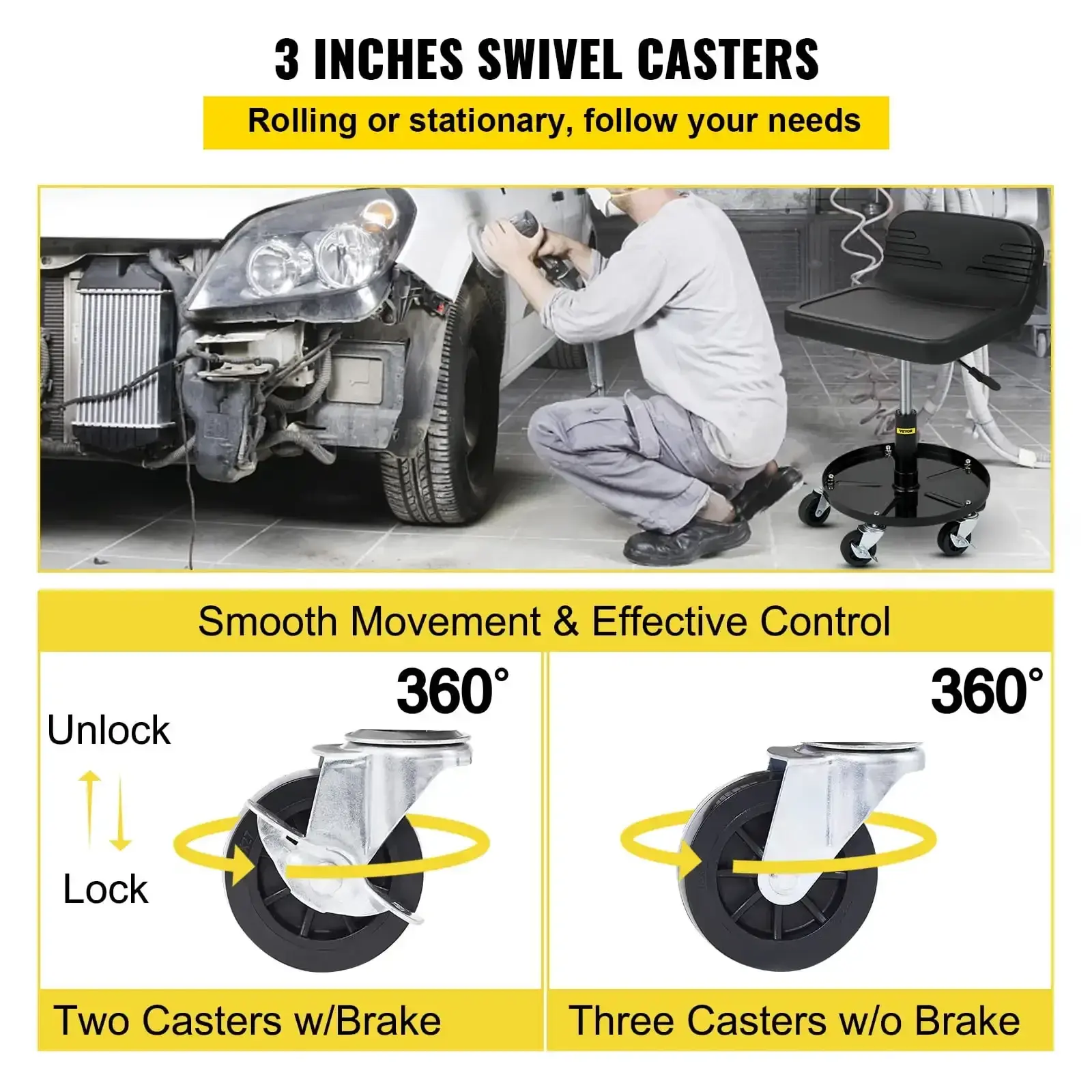Rolling Garage Stool, 300lbs Capacity, Adjustable Height from 15.7 in to 20.5 in, Mechanic Seat with 360-Degree Swivel Wheels