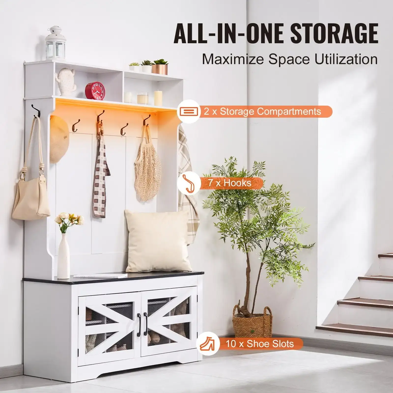 Hall Tree Wooden Hall Tree with Bench 7 Hooks for Entryway & Hallway