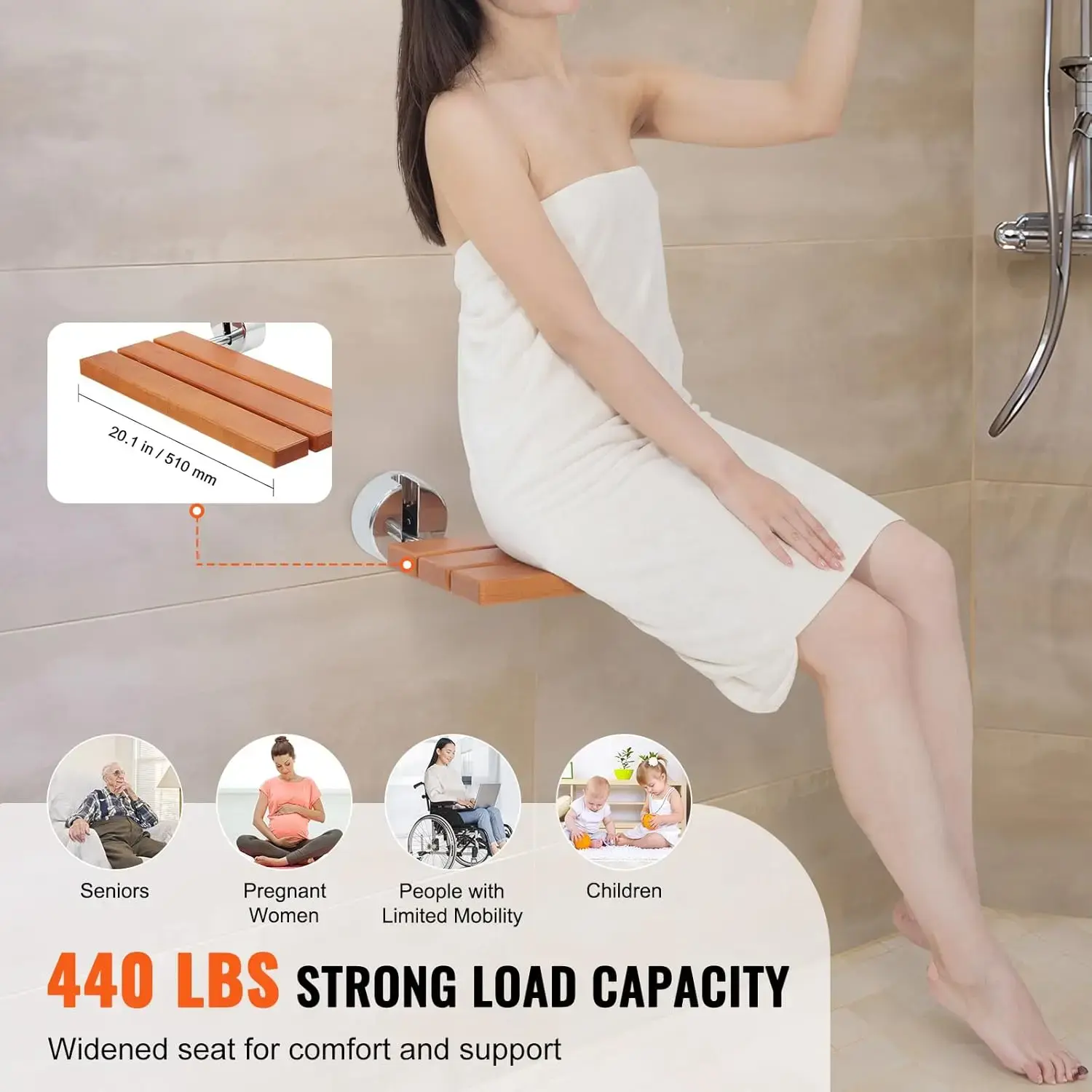 Folding Teak Shower Seat, 20.1" x 13.2" Unfolded, Wall Mounted Fold Up Shower Bench with 440 lbs Load Capacity