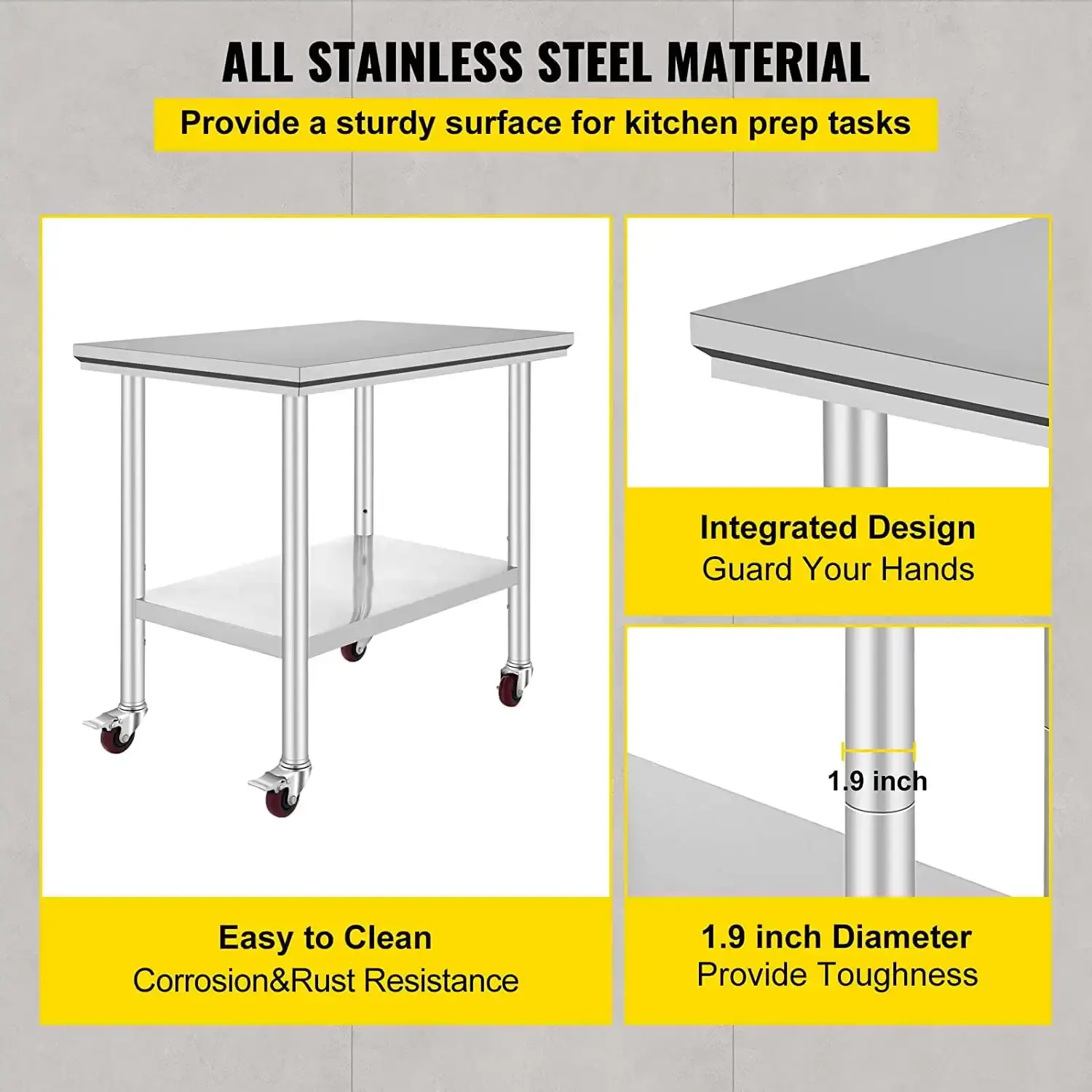 Stainless Steel Work Table 36 x 24 inch with 4 Wheels Commercial Food Prep Worktable with Casters Heavy Duty WorkTable
