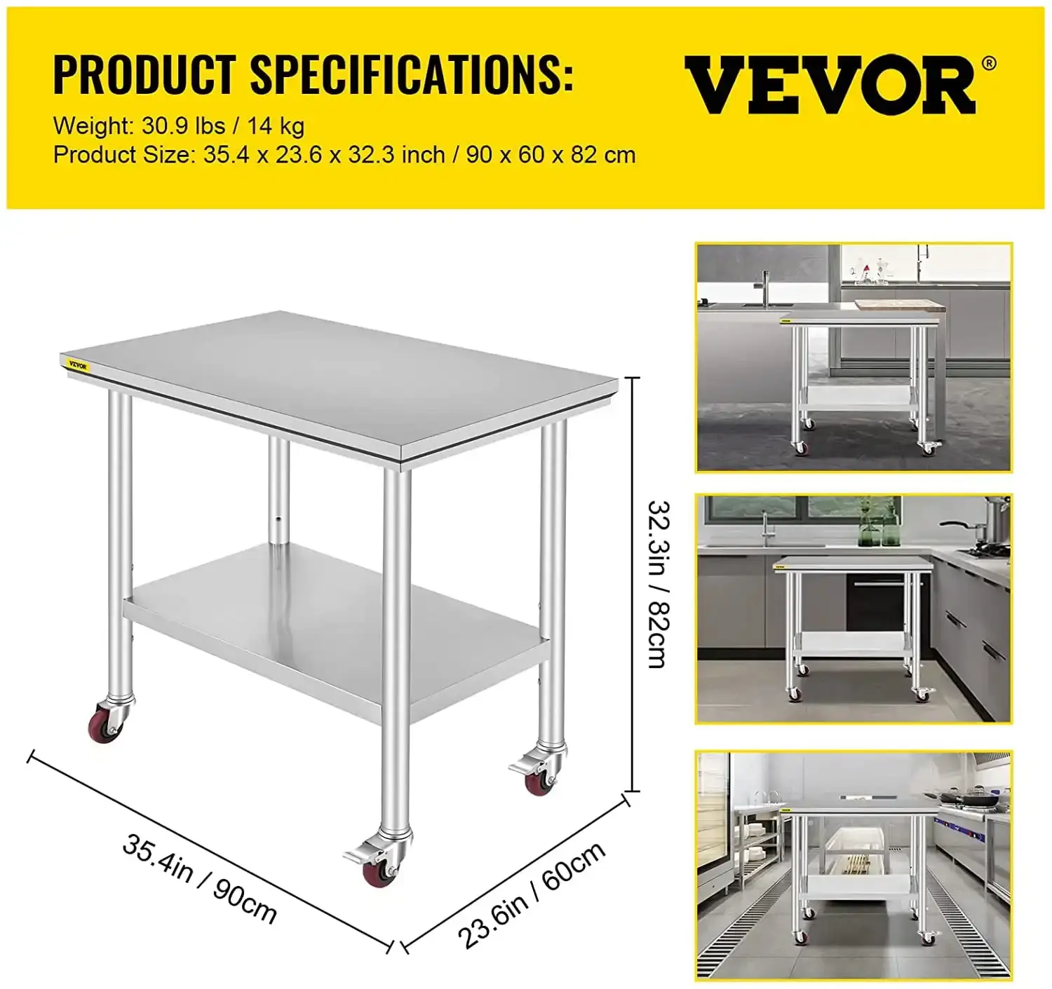 Stainless Steel Work Table 36 x 24 inch with 4 Wheels Commercial Food Prep Worktable with Casters Heavy Duty WorkTable