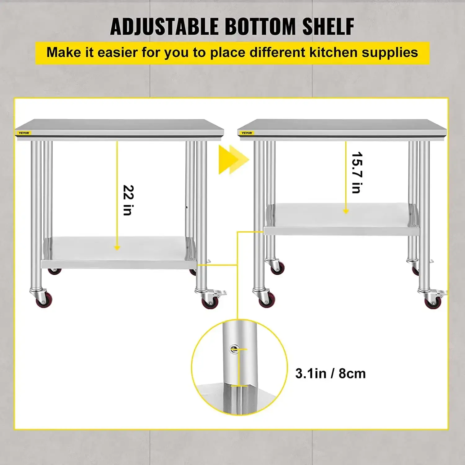 Stainless Steel Work Table 36 x 24 inch with 4 Wheels Commercial Food Prep Worktable with Casters Heavy Duty WorkTable