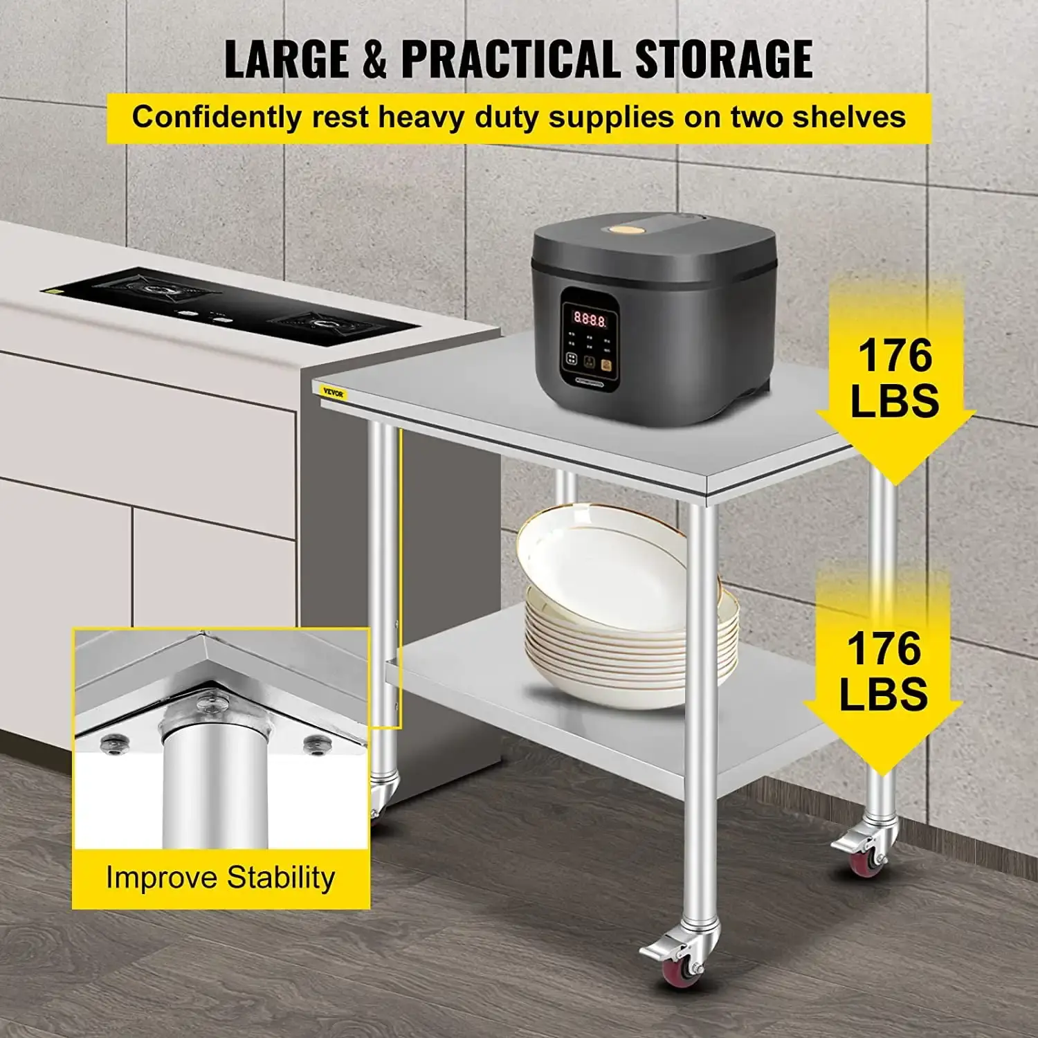 Stainless Steel Work Table 36 x 24 inch with 4 Wheels Commercial Food Prep Worktable with Casters Heavy Duty WorkTable