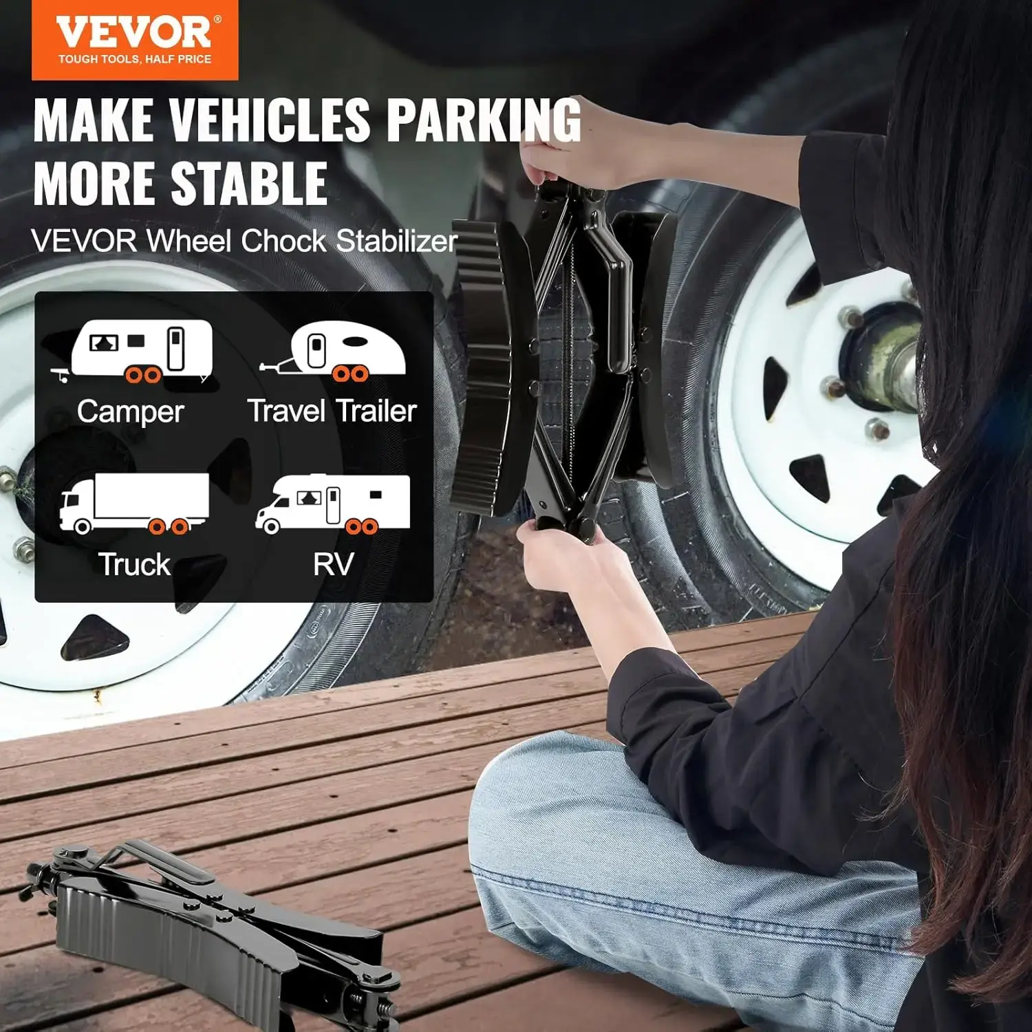 Camper Wheel Chock Stabilizer, Heavy Duty H-Shaped RV Tire Locking Chock, Built-in Wrench Fit for 3.5" to 12" Tire Space